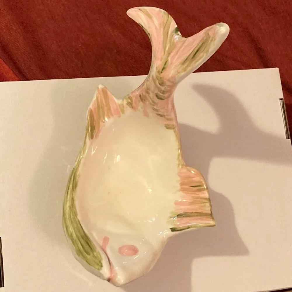 VTG 1950's MCM Pink/Green Glazed Ceramic Fish-Soap/Jewelry Dish-9” L-5.25